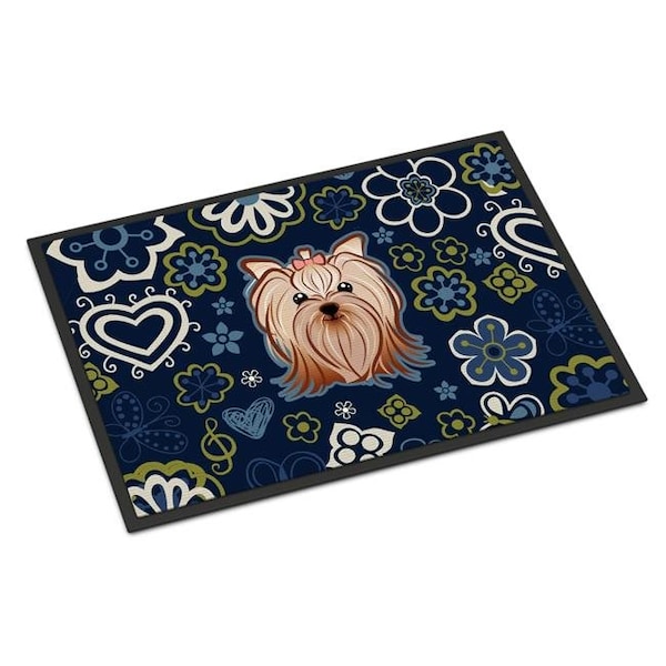 Carolines Treasures Carolines Treasures BB5055JMAT 24 x 36 in. Blue Flowers Yorkie Yorkishire Terrier Indoor or Outdoor Mat BB5055JMAT - main